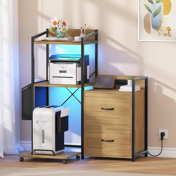 M optimized 38" File Cabinet with LED Lights & Charging Station, 3-Tier Printer Table with Storage Shelf & Drawers, Industrial Office Desk Organizer for Fax Machine, Shredder & PC Tower