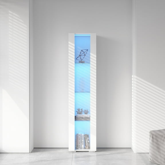 M optimized 4-Tier Narrow Slim Cabinet Freestanding Tall Storage Cabinet with Aluminum Strip Lamp for Living Room Bedroom