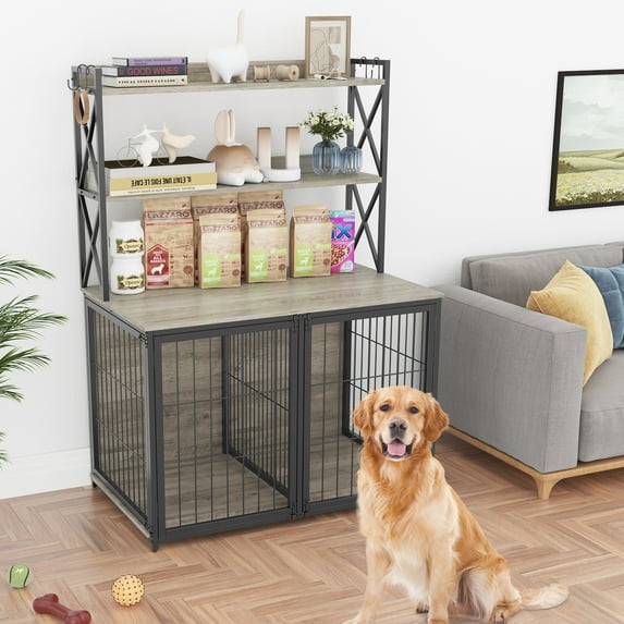 M optimized 42.5inch Dog Crate Furniture with Shelves Storage, Double Doors with Flip Top, Indoor Dogs Kennel for Small to Medium