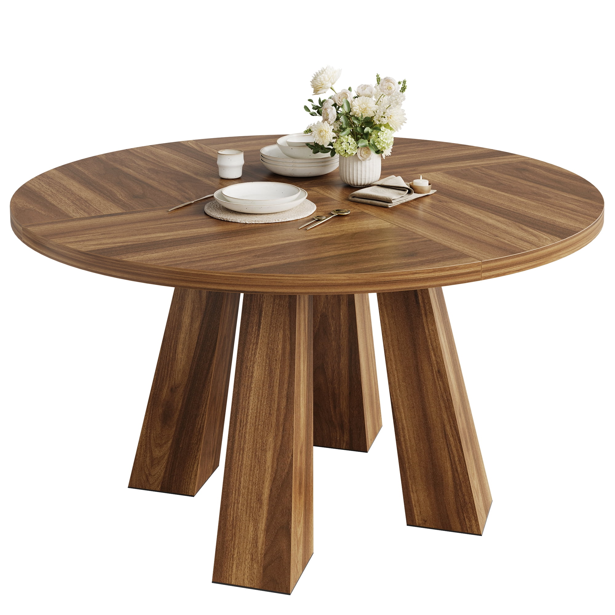 M optimized 47" Round Dining Table for 4-6, Wood Kitchen Table with 4 Strong Legs, Farmhouse Circle Dinner Table for Dining Room, Living Room