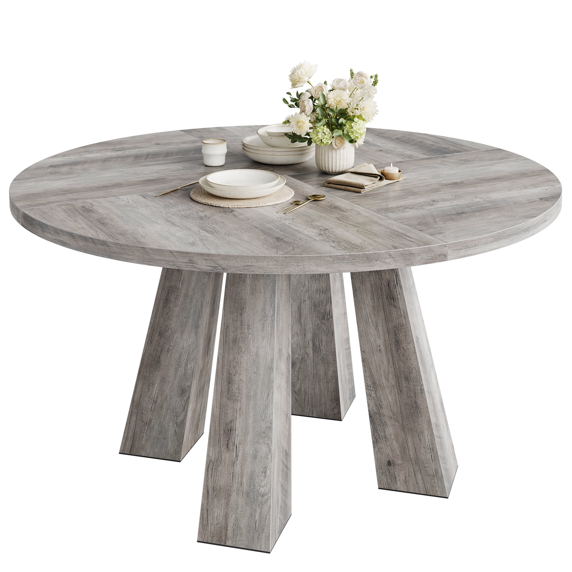 M optimized 47" Round Dining Table for 4-6, Wood Kitchen Table with 4 Strong Legs, Farmhouse Circle Dinner Table for Dining Room, Living Room