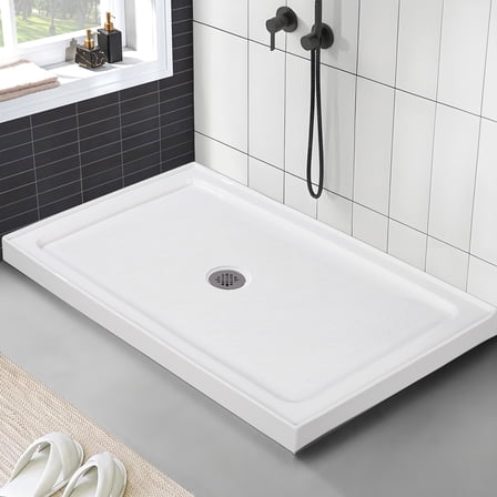 M optimized 48" x 32" Shower Pan Base with Non-Slip Texture & Stainless Steel Drain - Solid Surface Shower Tray for Bathroom Installation