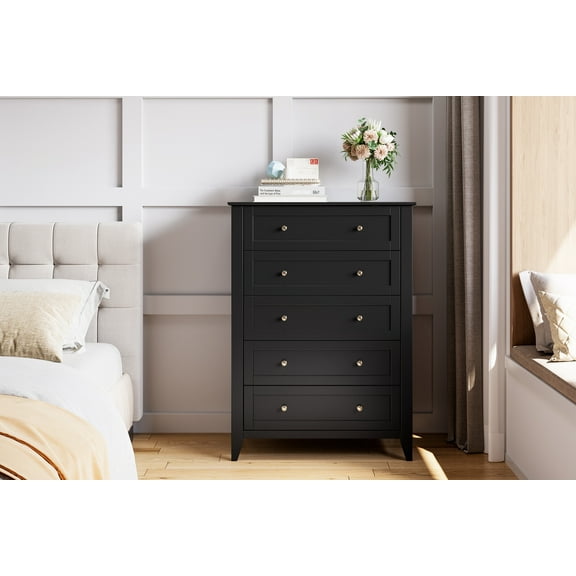 M optimized 5 Chest of Drawer Dresser, Modern Tall Nightstand with Deep Drawers and Nickel Round Handle, Wood Organizer Storage Cabinet for Bedroom Living Room Hallway