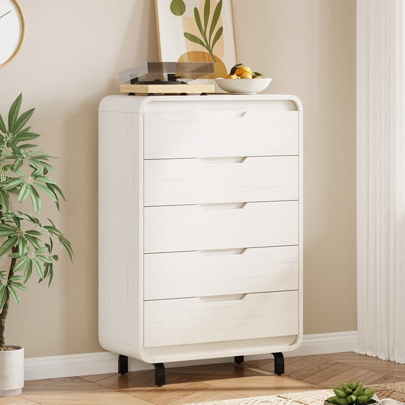 M optimized 5 Drawers Dresser for Bedroom, Wooden Dresser with, Curved Profile Design, Modern Storage Organizer for Bedroom, Hallway