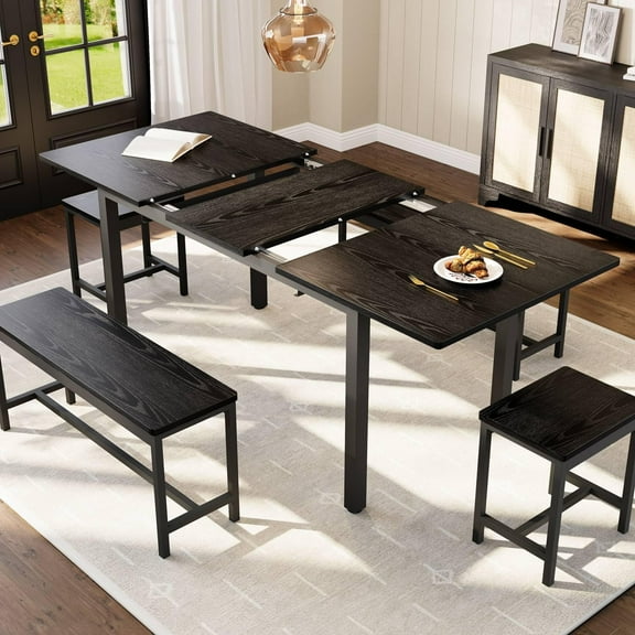 M optimized 5-Piece Extendable Dining Table Set for 4-8 People, 63" Kitchen Table with 2 Benches & 2 Stools, Space Saving Modern Dining Room Furniture, Easy Assembly