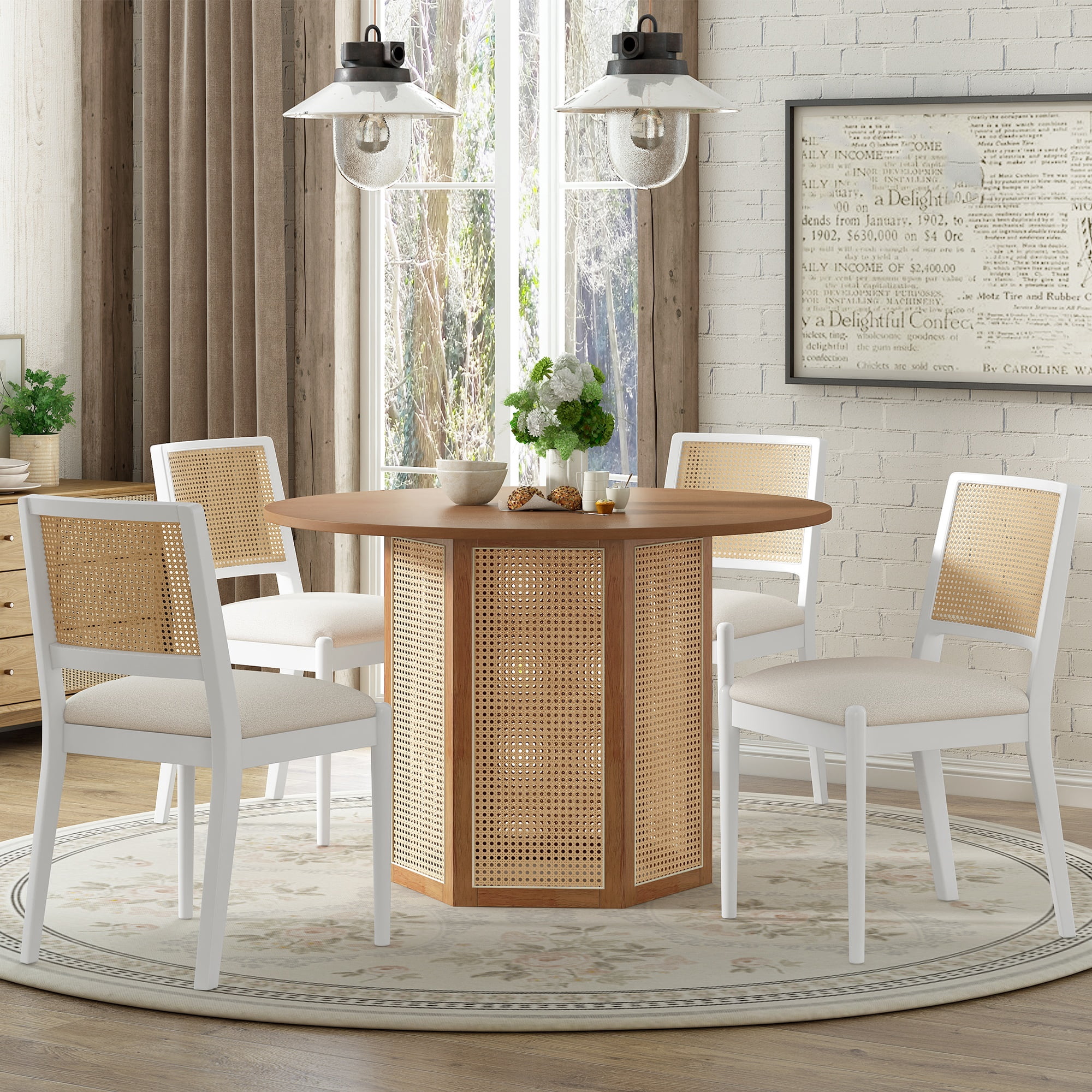 M optimized 5-piece Rattan Round Dining Table Set, Wood Table with ...