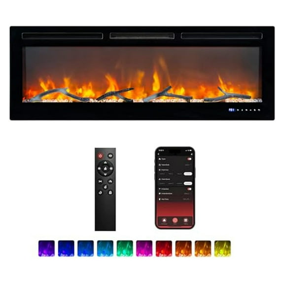 M optimized 50" Electric Fireplace with Remote Control & Alexa/WiFi, Smart Wall Mount/in Wall Recessed Insert Electric Fireplace-30 Realistic Ember Color/Flame Options, 1500W Heater