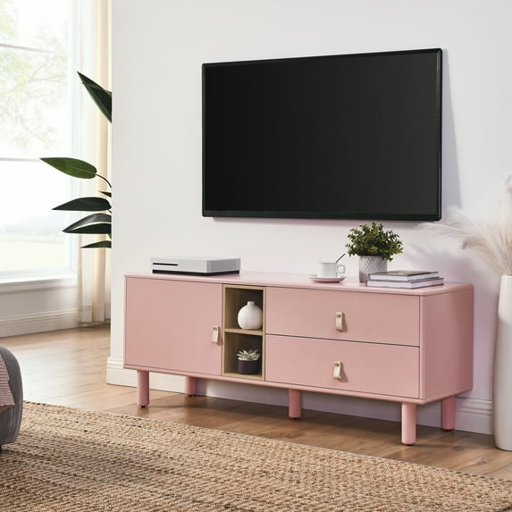 M optimized 54" Modern TV Stand Entertainment Center with Solid Wood Round Legs, Faux Leather Handles, 2 Drawers, Cabinet, Shelf Console Table for Living Room