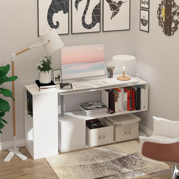 M optimized 55 Inch L Shaped Computer Desk 360° Rotation Study Writing Table Office Workstation with 3 Tier Storage Shelves Bookshelf