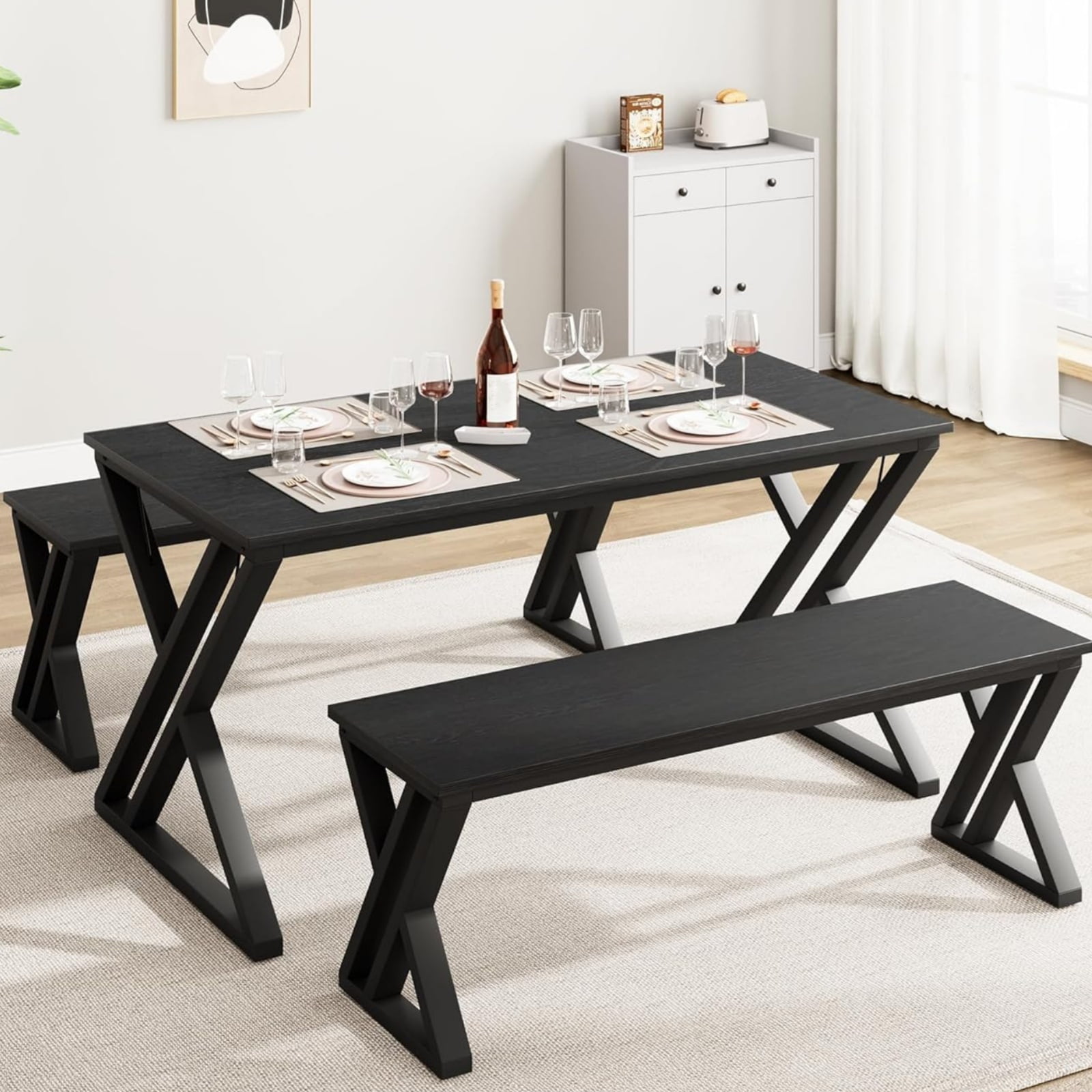 M optimized 55" Kitchen Table with Benches, Dining Table Set for 4, Saving Space Dining Room ...