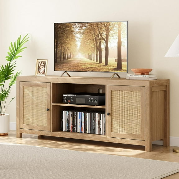M optimized 58"x15.7"x25" Rattan TV Stand for 65 Inch TV, Boho Entertainment Center with Storage and Doors, Wood TV & Media Console Under TV Cabinet Furniture for Living Room, Natural Oak