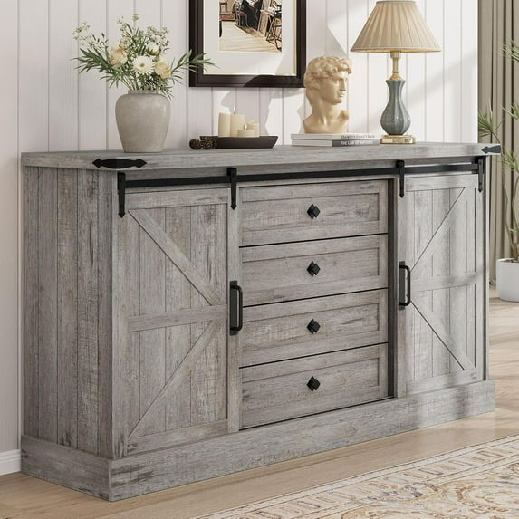 M optimized 59" Wood Dressers with Sliding Barn Doors, TV Stand with Large Drawers & Bar Handles, Dressers & Chests of Drawers for Closet, Living Room, Bedroom