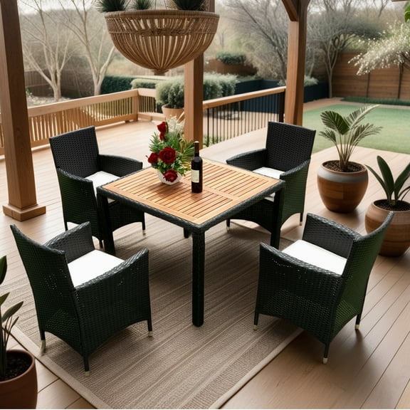 M optimized 5pcs Outdoor Patio Dining Set Wicker Dining Table Chairs Conversation Set with Cushions Wood Top for Backyard Deck Garden