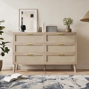 M optimized 6 Drawer Double Dresser Rattan Chest of Dressers, Modern Wooden Dresser Chest, Mid Century Modern Dresser for Closet with Handles, Beside Table for Bedroom Closet Living Room Entryway