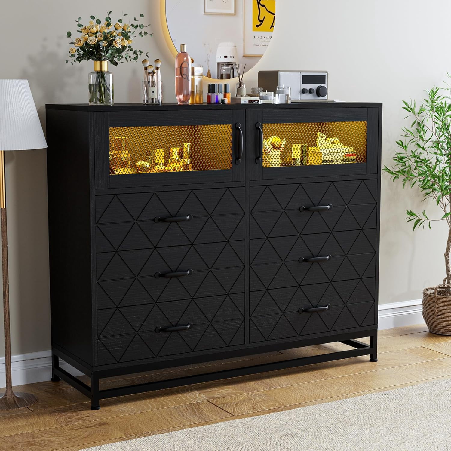 M optimized 6 Drawer Dresser with LED Lights & Charging Station, Wooden ...
