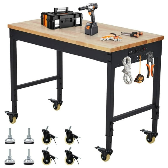 M optimized 60" Adjustable Workbench 2000 lbs Capacity, Wood Table Heavy Duty Workstation with Hardwood Top, Power Outlets, Metal Frame, Swivel Casters, Garage Table for Workshop Office Home