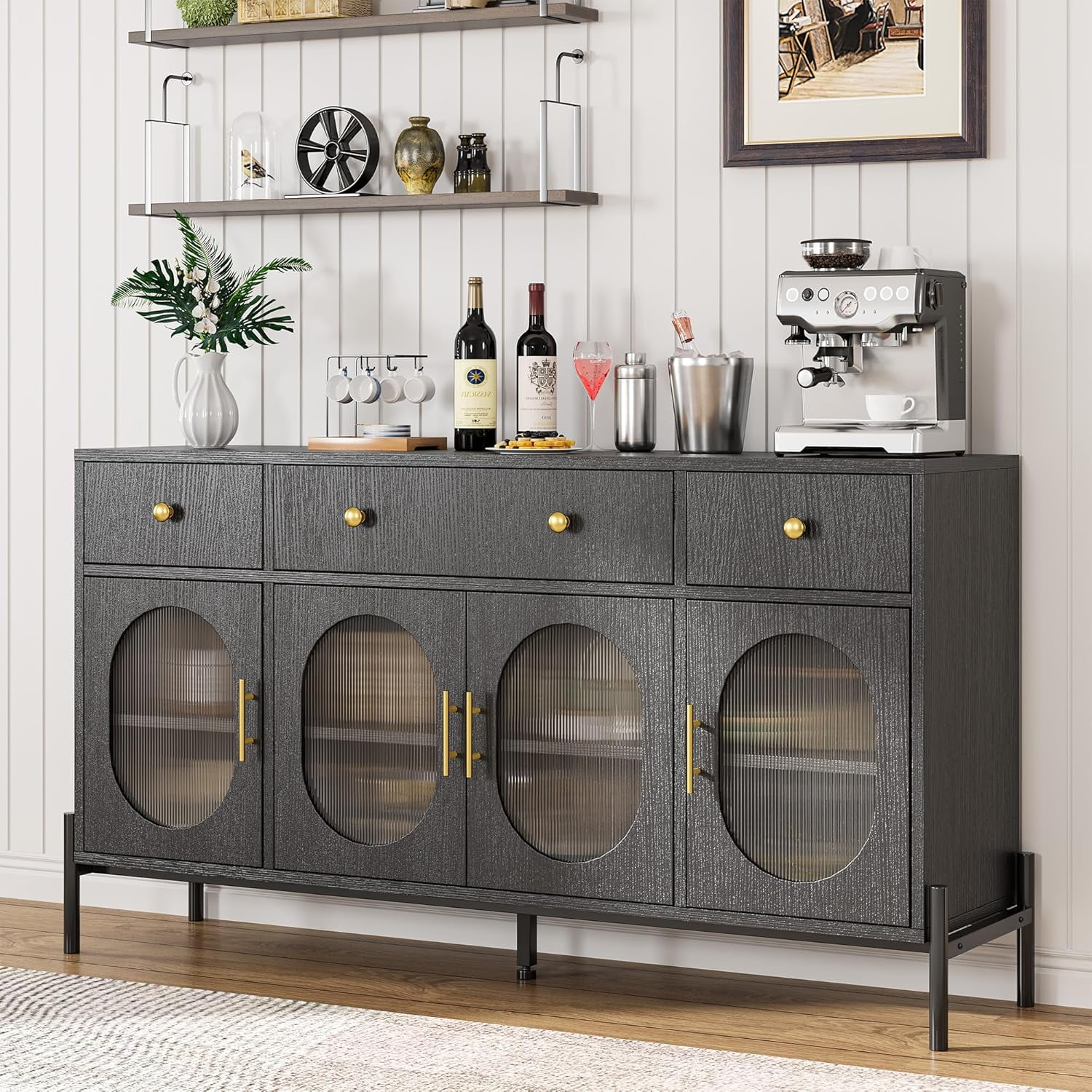 56-inch Grey Sideboard Buffet Cabinet With Glass Doors & 4 Drawers - Kitchen Dining Room Storage