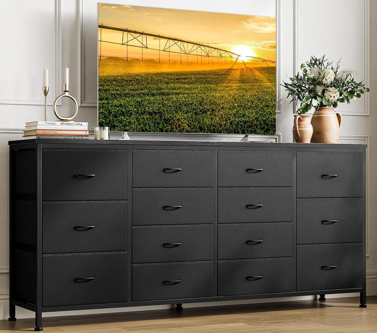M optimized 63" Dresser for Bedroom, TV Stand for 65 70 75 inch TVs, 14 Drawer Dresser with Power Outlets, Large Long Fabric Dresser Entertainment Center