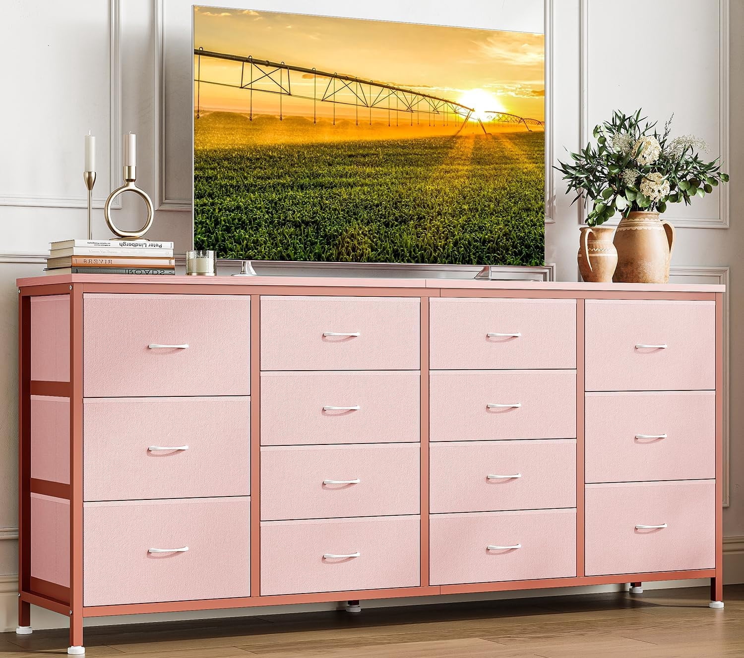 M optimized 63" Dresser for Bedroom, TV Stand for 65 70 75 inch TVs, 14 Drawer Dresser with Power Outlets, Large Long Fabric Dresser Entertainment Center