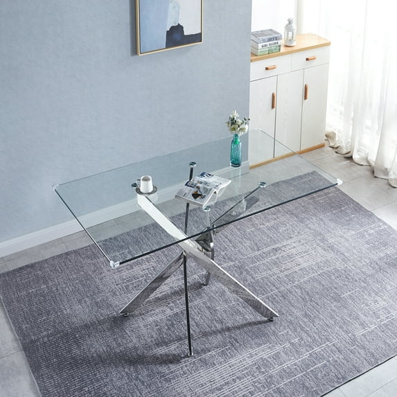 M optimized 63" Glass Dining Table for 6 Person, Modern Rectangular Tempered Glass Kitchen Table with Chrome Metal Legs for Dining Room Living Room