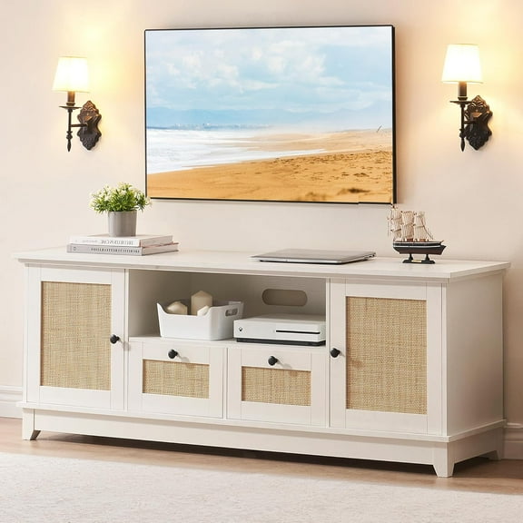 M optimized 63"x15.7"x22.6" TV Stand for 65+ Inch TV, Rattan Entertainment Center TV Media Console Table, Modern TV Stand with Storage and Drawer, TV Console Cabinet Furniture for Living Room, White