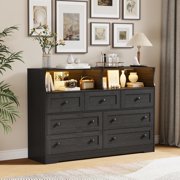 M optimized 7 Drawer Dresser with LED Lights, Wooden Chest of Drawers with 2 Open Compartments and Charging Station, Freestanding Storage Organizer for Bedroom, Closet, Entryway, Nursery