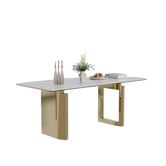 M optimized 71 Inch Modern Dining Table, Sintered Stone Composite Tempered Glass Top Table, Rectangular Kitchen Desk Furniture with Stainless Steel Base