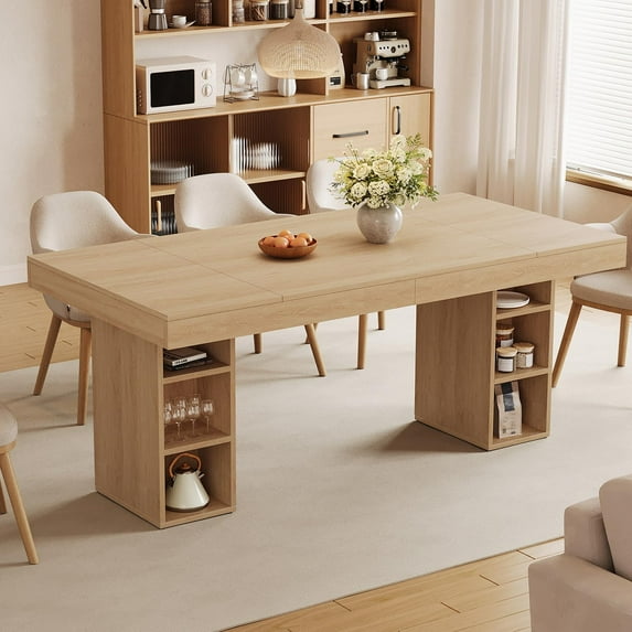 M optimized 71" Large Dining Table for 6-8, Wooden Kitchen Table w/Large Tabletop & Sturdy Frame, Rectangular Dining Table with Double Pedestal, for Kitchen, Dinner