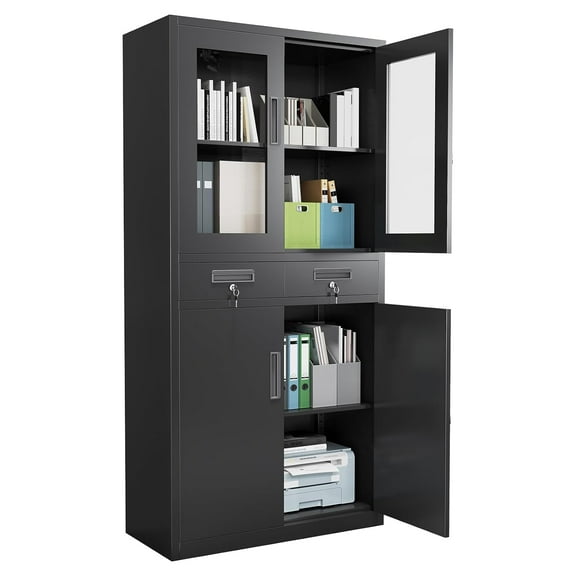 M optimized 71" Metal Storage Cabinet, Locking Storage Cabinet with 2 Adjustable Shelves & 2 Drawers for Office, Home, School, Garage, Black
