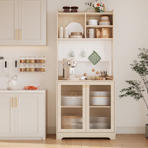 M optimized 71" Pantry Cabinet, 6-Tier Freestanding Tall Cupboard Storage Unit with Pegboard, 2 Cabinets, Open Shelves, Glass Doors, Coffee Bar Storage Organizer for Kitchen Dining Room Living Room