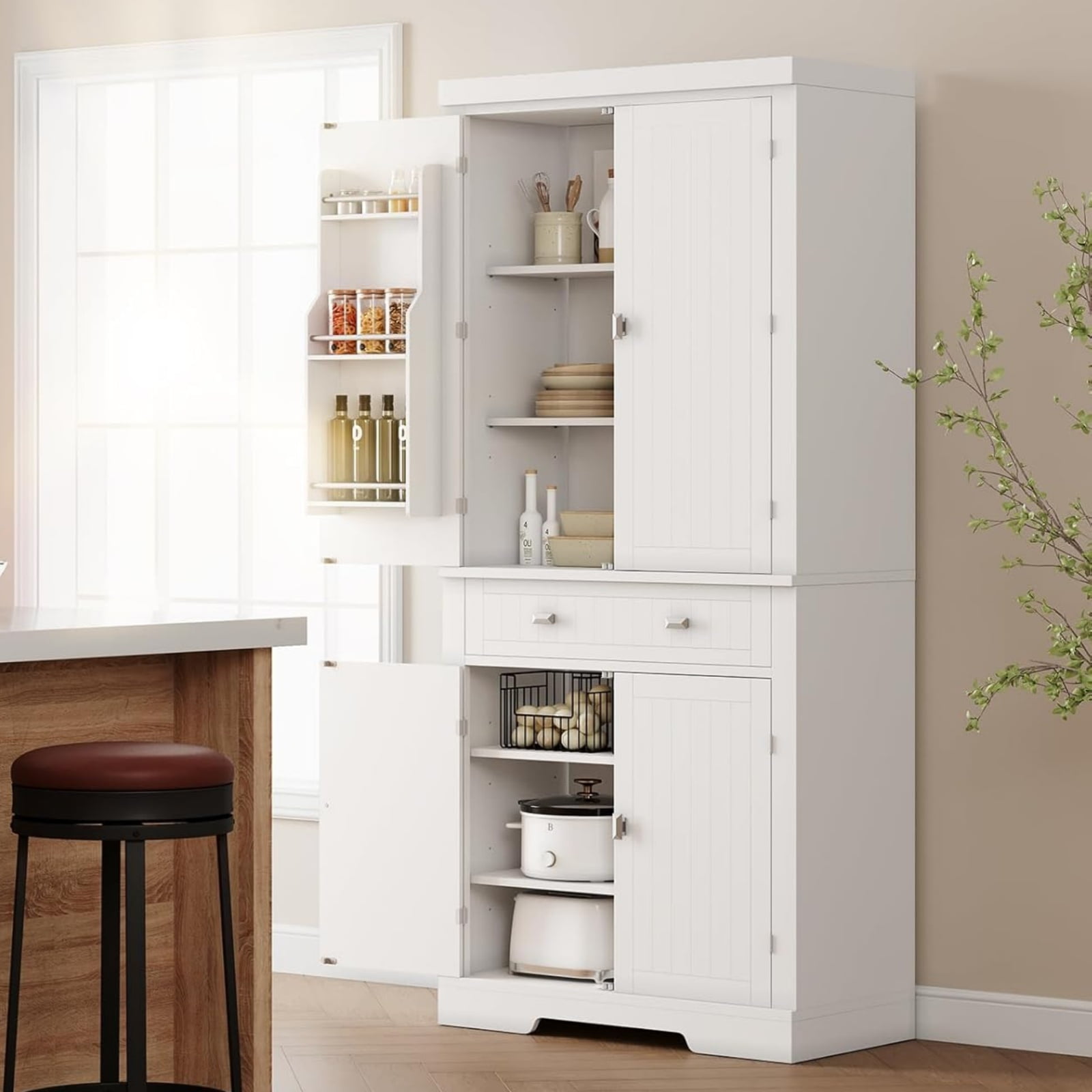 M optimized 72" Kitchen Pantry Cabinet, Freestanding Tall Storage Cabinet with 6 Door Shelves, 2 Cabinets and 1 Drawer, Pantry Storage Cabinet for Kitchen, Living Room, Dining Room