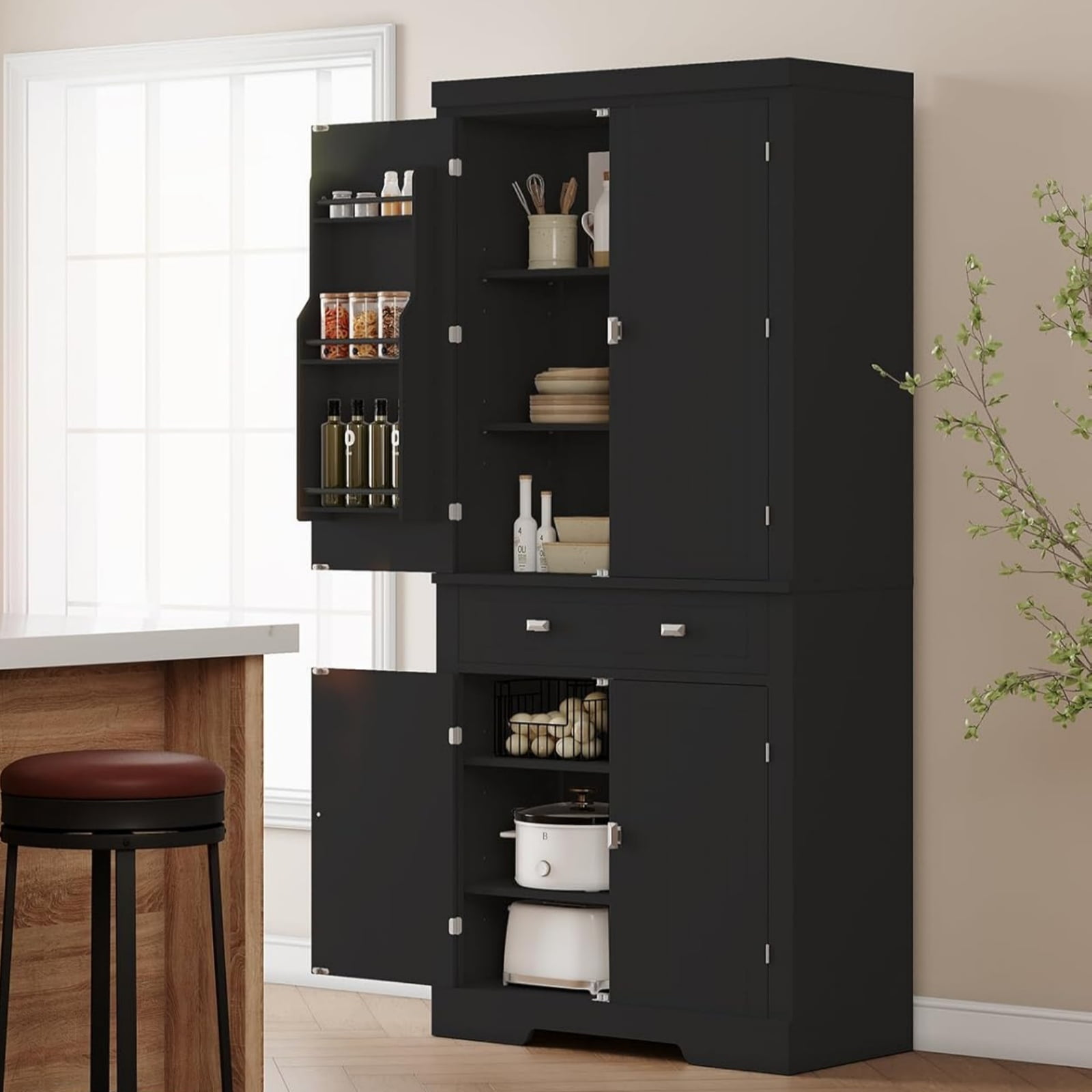 M optimized 72" Kitchen Pantry Cabinet, Freestanding Tall Storage Cabinet with 6 Door Shelves, 2 Cabinets and 1 Drawer, Pantry Storage Cabinet for Kitchen, Living Room, Dining Room