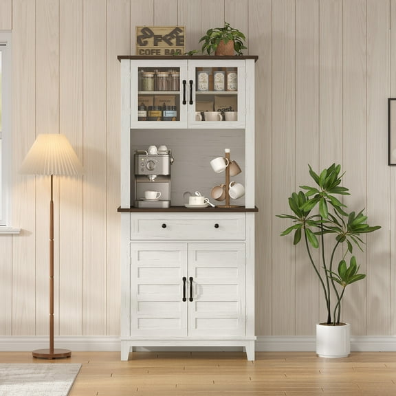 M optimized 72" Tall Farmhouse Coffee Bar Cabinet with Storage Drawers & 2 Glass Doors, Kitchen Storage Cabinet for Dining Room