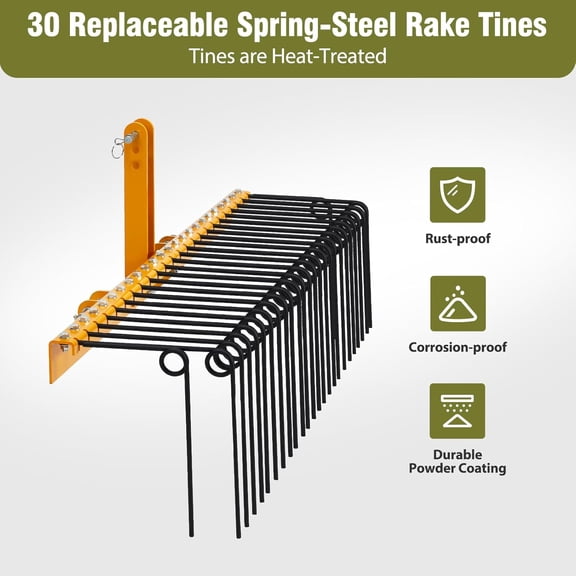 M optimized 72in Pine Straw Rake w/ 30 Coil Spring Tines & 3 Point Hitch, Steel for Cat0&1 Tractors