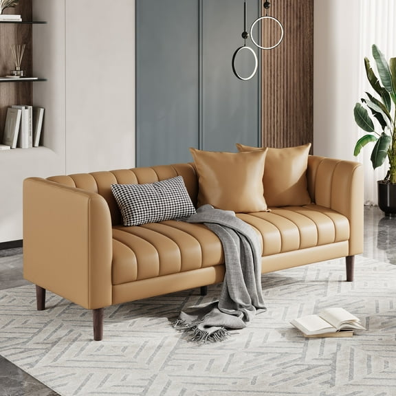 M optimized 78"W Faux Leather Sofa Couch, Modern 3 Seater Sofa Couch with Deep Seats, 2 Throw Pillows and Wood Legs, for Small Space, Living Room, Bedroom, Apartment, Home Office