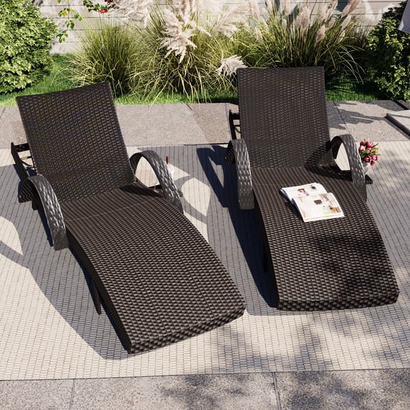M optimized 80'' Outdoor Chaise Set Of 2, Patio Rattan Wicker Lounge Chairs Reclining Chair with Pull-out Side Table, Adjustable Backrest Pool Lounge Chairs