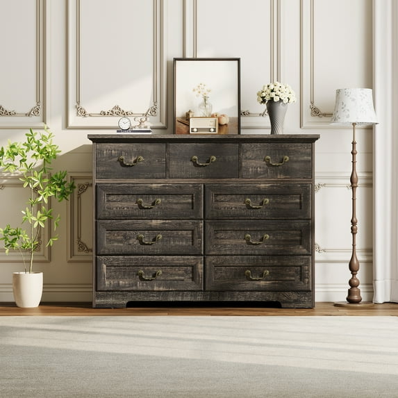 M optimized 9-Drawer Dresser for Bedroom, 47" Wide Dressers Wood Chest of Drawers with Gold Floral Handles, Farmhouse Storage Organizer for Living Room, Hallway, Entryway