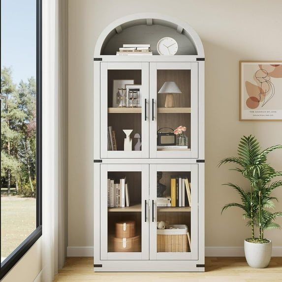 M optimized Arched Bookshelf with Doors Farmhouse Bookcase 29.92"x15.83"x71.65" Display Storage Shelves Tall Wooden Display Cabinet Rounded Bookcases for Living Room, Kitchen, Office