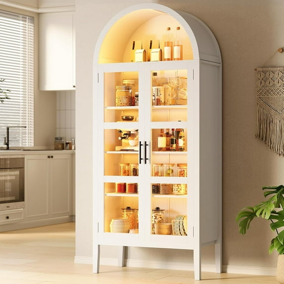 M optimized Arched Kitchen Pantry Cabinet with LED Lights, Modern Bookshelf with Glass Doors & Adjustable Shelves, Wood Display Cabinet for Kitchen, Dining Room, Living Room