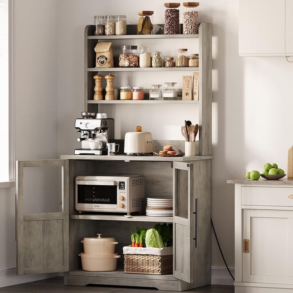 M optimized Bakers Rack with 2 Glass Doors, Farmhouse Bakers Rack with Power Outlet, Thickened Counter, Small Kitchen Bakers Rack Cabinet with Large Storage, Easy Assembly