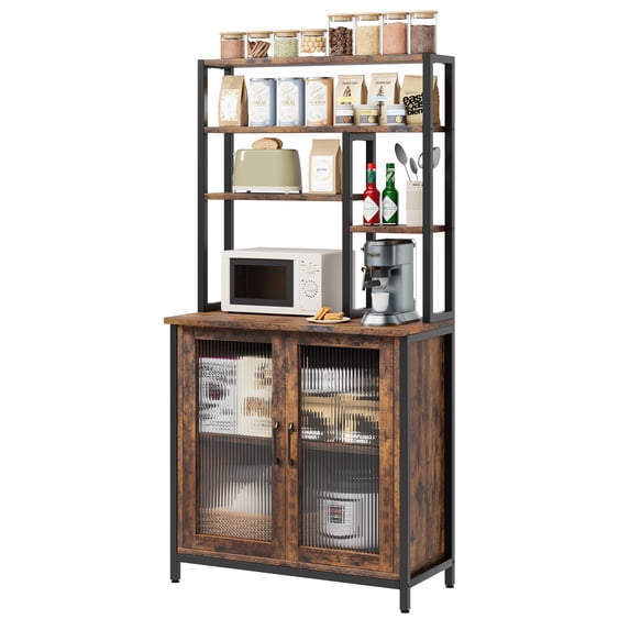 M optimized Bakers Rack with Cabinet 5 Tier Microwave Stand 64.5" Microwave Storage Rack with Door Vintage Kitchen Utility Storage Shelf with Hooks Large Coffee Bar Station Kitchen