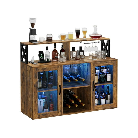 M optimized Bar Cabinet, Liquor Cabinet with Power Outlets, LED Lights and and Glass Holder, Wine Cabinet with Storage, Wine Cabinet with Racks for Home, Kitchen