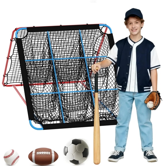 M optimized Baseball Rebounder Net and 9 Hole Pitching Net, 12 Angle Adjustable Baseball Bounce Back Trainer, Multi-Sport Training Equipment for Softball, Volleyball, Soccer