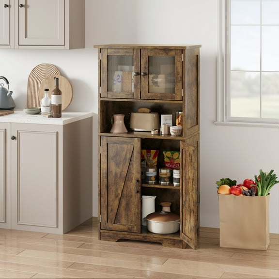 M optimized Bathroom Storage Cabinet, Freestanding Floor Storage Cabinet with Doors and Shelves, Wooden Kitchen Pantry Storage Cabinet