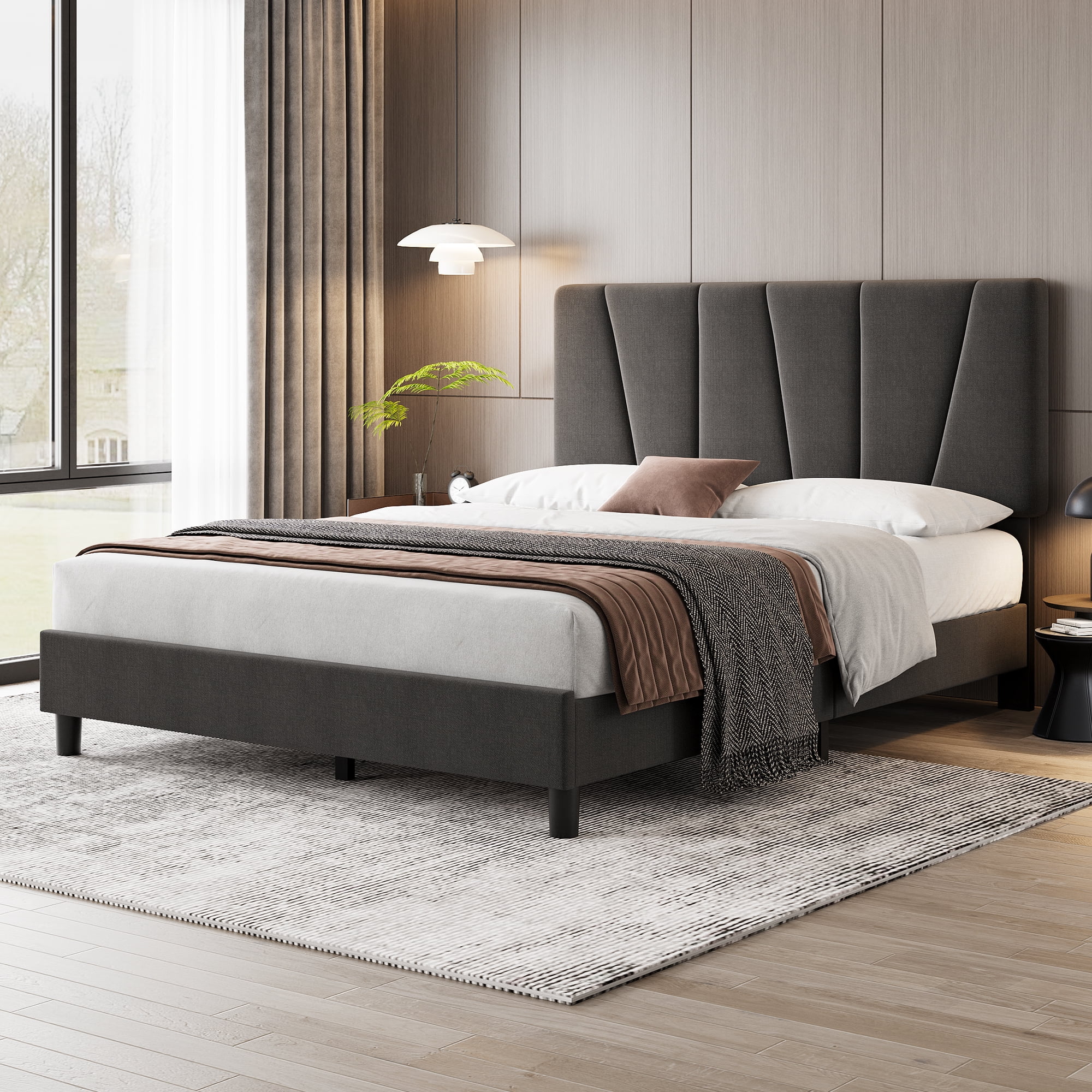 M optimized Bed Frame with Headboard, Linen Upholstered Platform Bed