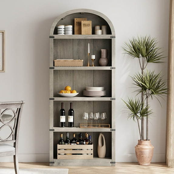 M optimized Bookcase 5 Shelf Arched Bookshelf 29.9"x11.9"x71.7" Tall Bookcase Farmhouse Display Storage Rack Wooden Bookshelves for Home Office, Living Room