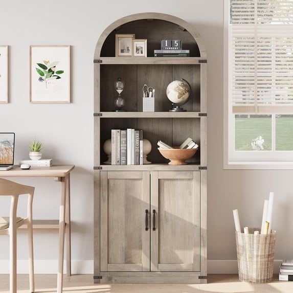 M optimized Bookcase with Doors Arched Bookshelf 29.9"x11.9"x71.7" Tall Bookcase Farmhouse Cabinet with Shelves Wooden Bookshelves for Home Office, Living Room