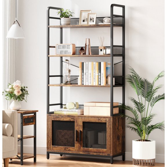 M optimized Bookshelf with Doors Industrial Bookcase w/ 4 Tiers Open Storage Shelf Rustic Bookshelves 70.87" Tall Display Rack Cabinet Farmhouse Bookshelf for Bedroom, Living Room, Home Office, Brown