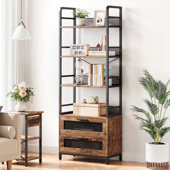 M optimized Bookshelf with Drawers Industrial Bookcase with 4 Tiers Open Storage Shelves Rustic Bookshelves Display Racks Farmhouse Bookshelf for Bedroom, Living Room, Home Office