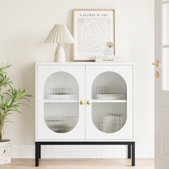 M optimized Buffet Cabinet, Storage Cabinet with Glass Doors and Shelves, Accent Cabinet Sideboard, White Console Cabinet with Storage Entryway Cabinet for Living Room, Dining Room, Hallway